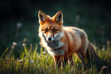 red fox standing in meadow with focused gaze