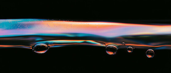 Aufkleber - Liquid bubbles glimmering with reflections on a shiny surface against a black backdrop