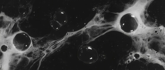 Poster - Liquid bubbles floating in a dark background with a viscous texture and large bubbles