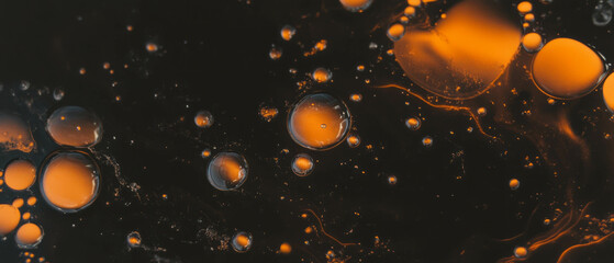 Aufkleber - Liquid bubbles with large orange spheres in viscous texture on dark background enhance visual appeal