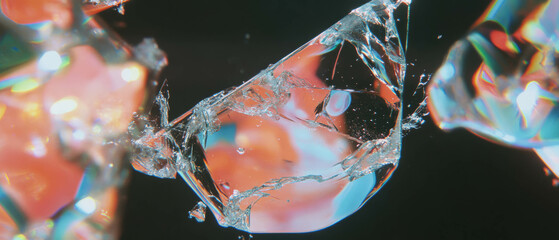 Poster - Macro view of shattered glass displaying intricate details against a black background