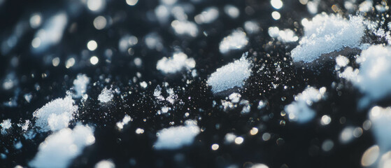 Poster - Glistening effect of melting snow on a wet surface against a dark background