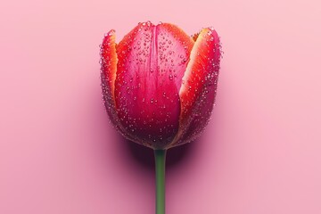 Wall Mural - Sparkling Red Tulip with Dewdrops on Pink Background