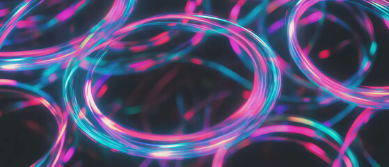Poster - Neon circles create vibrant loops on a black background in continuous motion