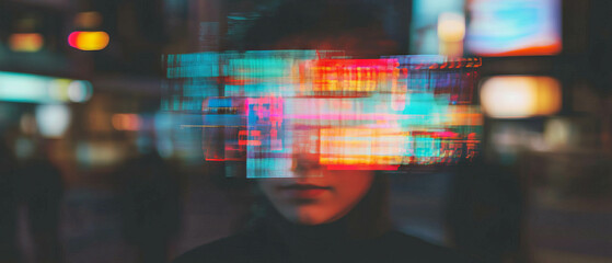 Aufkleber - Neon double exposure effect with glowing textures in an artistic urban setting at night