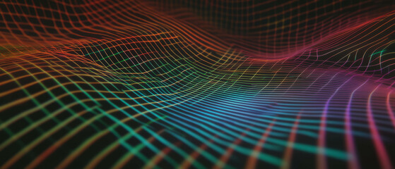 Poster - Colorful neon grid overlay texture with glowing lines on a dark background