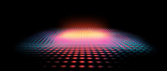 Poster - Vibrant neon isometric grid with glowing geometric patterns on a dark backdrop