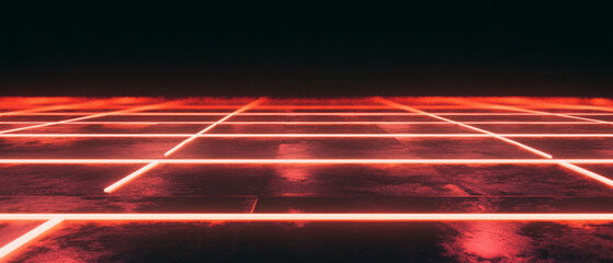 Poster - Neon square pattern with straight lines on black background creating a balanced aesthetic