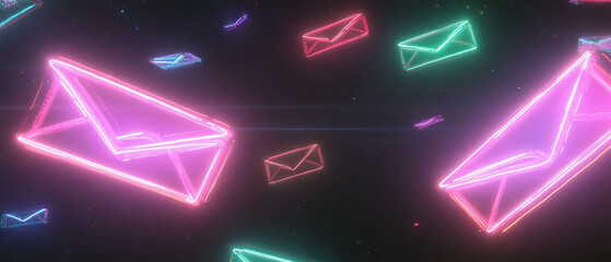 Poster - Glowing neon envelopes floating against a dark backdrop for vibrant message delivery