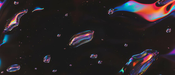 Poster - Stunning neon texture featuring water droplets on a reflective surface in dark environment