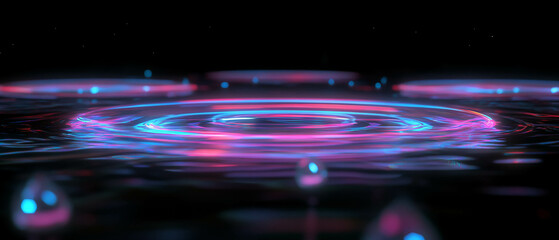 Poster - Neon water droplets creating reflections on a black background