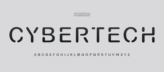 Aufkleber - Stencil cyber tech alphabet, modern futuristic font for cybersecurity, software development, gaming, robotics, blockchain, fintech, electronics, branding, UI UX design, sci-fi. Vector typeset