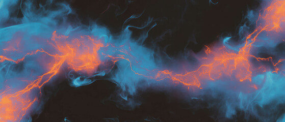 Poster - Energizing display of orange smoke and blue lightning on a black background