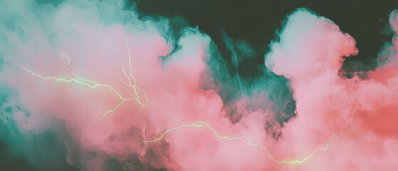 Poster - Vibrant pink smoke with green lightning against a dark backdrop creates a whimsical atmosphere