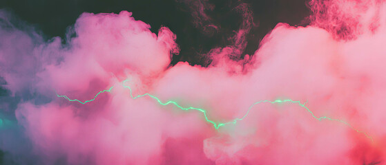 Poster - Pink smoke mingles with green lightning in a whimsical atmosphere against a black background