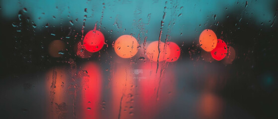 Aufkleber - Melancholic view through a rainy window showcasing blurred lights and water droplets