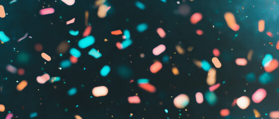 Poster - Scattered confetti in various shapes floating against a black background