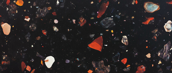 Poster - Colorful confetti in various shapes spread randomly across a dark backdrop, enhancing visual appeal