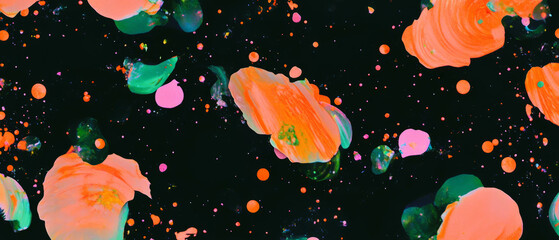 Poster - Scattered confetti texture with varied shapes on a black background creating a vibrant atmosphere