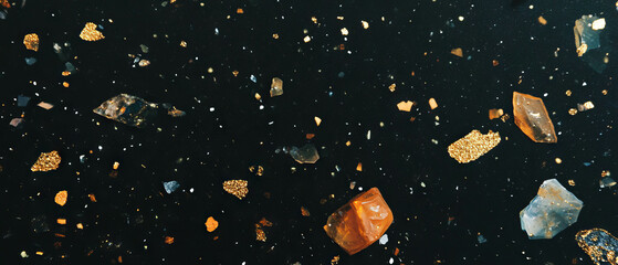Poster - Scattered gold confetti texture on black background creating an elegant design effect