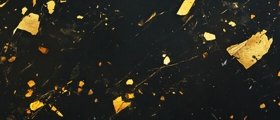 Poster - Scattered gold confetti texture on deep black background creates a festive atmosphere