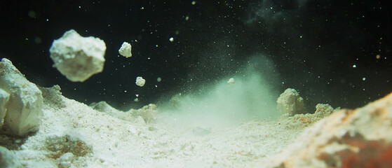 Poster - Settled dust particles create a textured surface against a dark backdrop