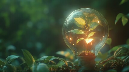 Poster - A Glowing Light Bulb with a Green Plant Inside Surrounded by Lush Greenery Representing the Concept of Eco-Friendly Energy and Sustainable Living in Nature