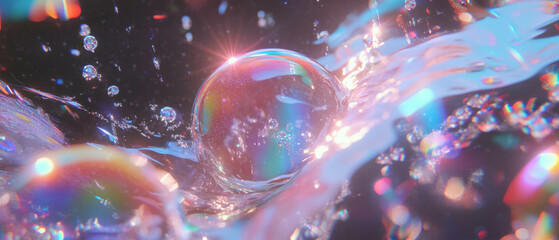 Poster - Large bubble reflecting light with rainbow hues against a dark background