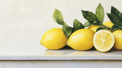 Wall Mural - Vibrant Lemons with Lush Green Leaves on a Marble Surface