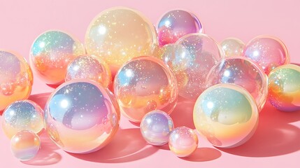 Wall Mural - iridescent glitter balls on pink background
