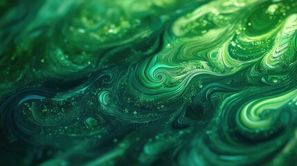 Poster - Abstract Green Swirls with Shimmering Particles: A Fluid Artwork with Deep Tones and Subtle Variations Creating a Sense of Motion and Depth for Modern Design Applications