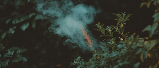 Poster - Mysterious smoke swirling through an enchanted forest under natural lighting