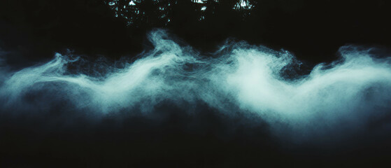 Poster - Mysterious smoke overlays with lightning illuminating a dark forest at night