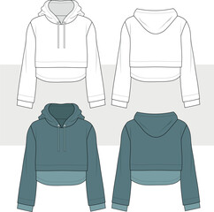 Wall Mural - Cropped Hoodie sweatshirt technical fashion illustration, fashion flat technical drawing template, hood, relaxed fit, front and back view, unisex, CAD mockup.