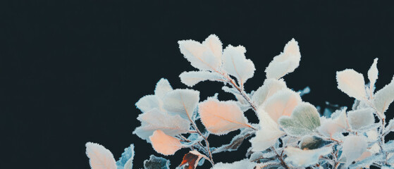 Poster - Snowy overlay texture featuring frozen leaves and organic winter elements on black background