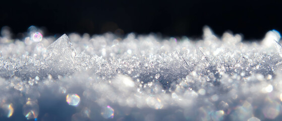 Poster - Sparkling snow texture with ice crystals against a dark background creating a winter wonderland feel