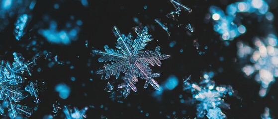 Poster - Snowflakes glisten against a dark backdrop with a hint of blue winter chill