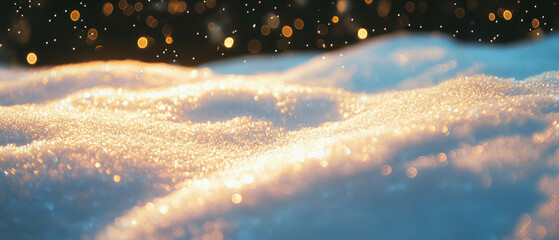 Poster - Snow overlay illuminated by warm sunlight with a soft golden glow against a dark background