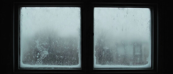 Poster - Snowy window with frost patterns enhances the winter atmosphere on a cold day