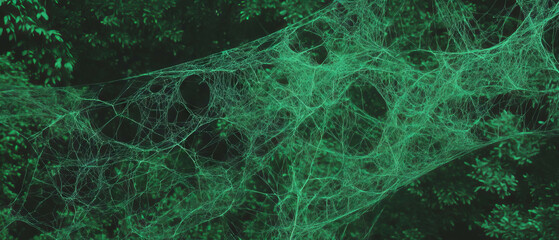 Poster - Intricate spider web texture woven among forest trees against a dark backdrop