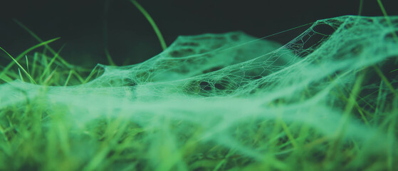 Fototapete - Delicate spider web glistening in green grass under natural light outdoors
