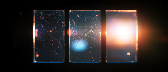 Poster - Overlay texture of spider web on window with light shining through in a dark setting