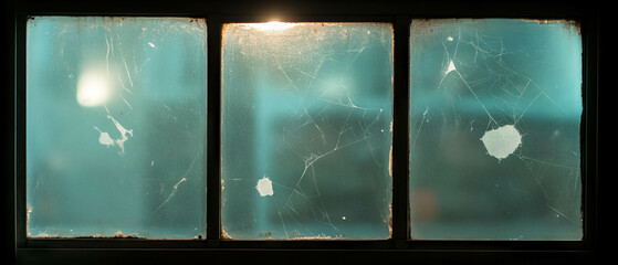 Aufkleber - Spider web overlays on a window capturing sunlight with a dark background