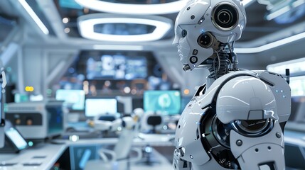 Poster - A white humanoid robot in a futuristic setting.