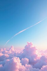 Wall Mural - Thin wisps of vapor trail across the bright blue sky with soft pink clouds, vapor trails, feathery clouds