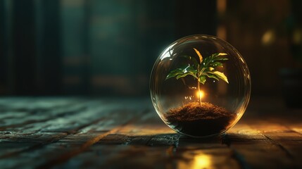 Poster - A Young Plant Growing Inside a Glass Sphere with Soft Glowing Light, Symbolizing Hope, Nature, and Renewal in a Cozy Environment