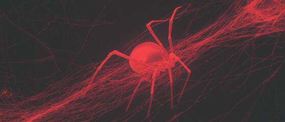 Poster - Spider web overlay with spider silhouette and hidden predator in dark atmosphere