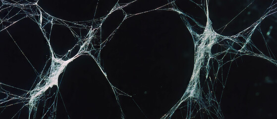 Aufkleber - Intricate details of a torn spider web with natural wear against a black background
