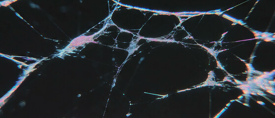 Poster - Spider web overlay texture with torn threads creates a captivating visual on a black background