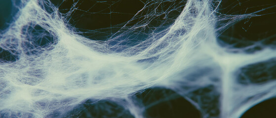 Poster - Overlaid spider web with dynamic, windblown threads on a dark background